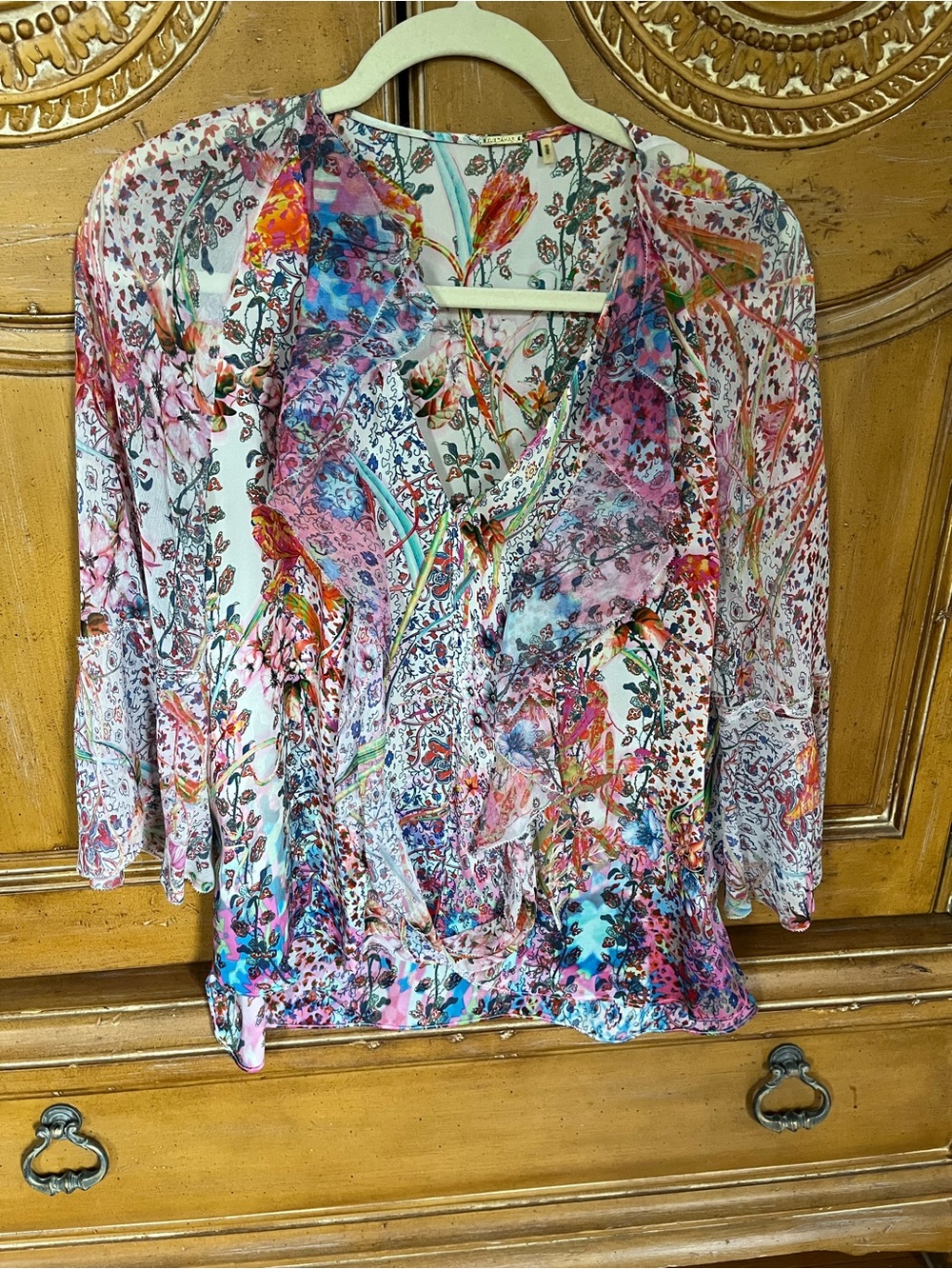 Elie Tahari White Multi-Color Floral Paisley Ruffle Blouse